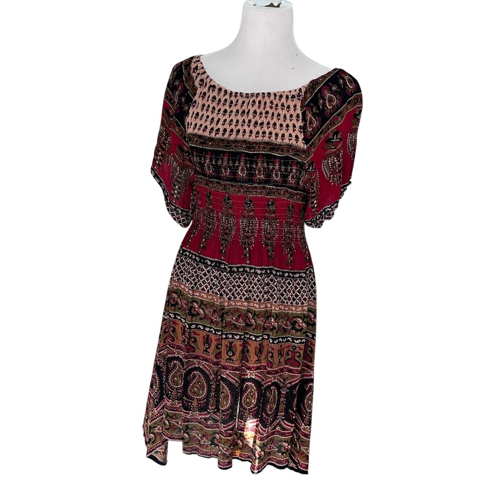 Bohemian‎ Smocked Paisley Print Dress Red Black Flutter Sleeve Festival Boho